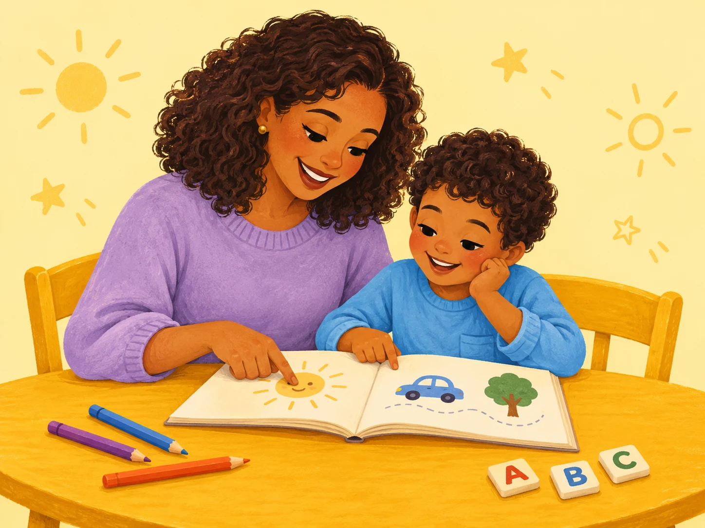 Ilustração de mãe e filho lendo juntos, com lápis e letras sobre a mesa